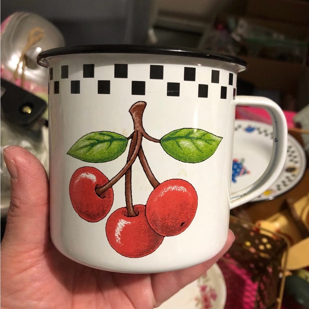 Mary Engelbreit cherry mug  with saucer metal